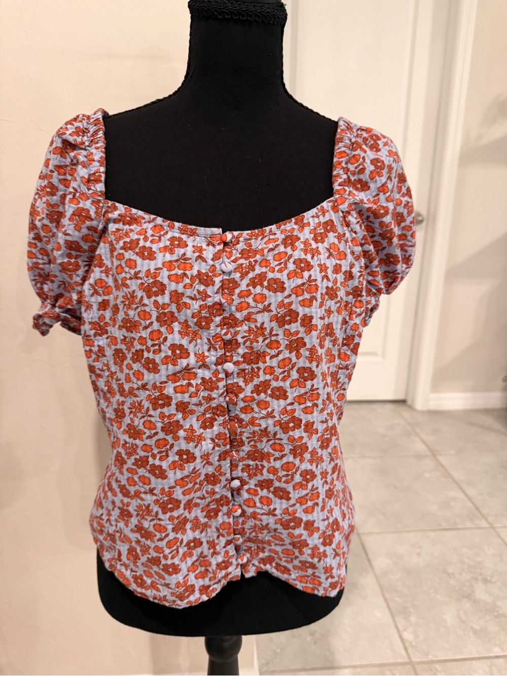 Madewell Size 4 Floral Puff Sleeve Button Front Square Neck Blouse